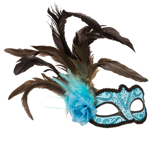 Venetiaans masker - blauw met veren