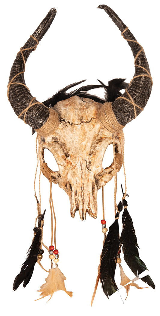 Oogmasker schedel met hoorns en veren